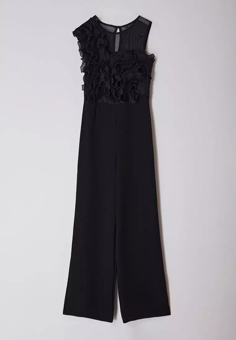 Black Tulle Detailed Woven Jumpsuit TPRAW25TU00000