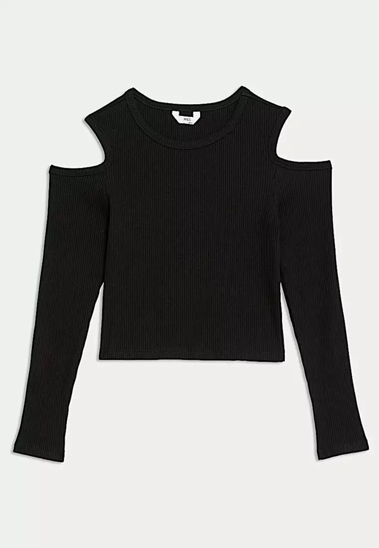 Cotton Rich Ribbed Cold Shoulder Top