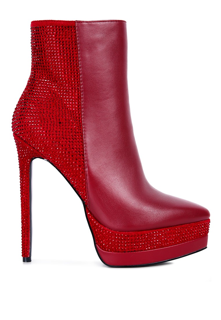 Burgundy Diamante Set High Heeled Ankle Boot