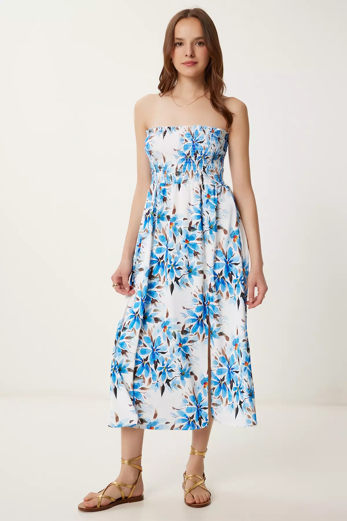 Women's Blue Bone Flower Pattern Strapless Woven Dress Jh00057