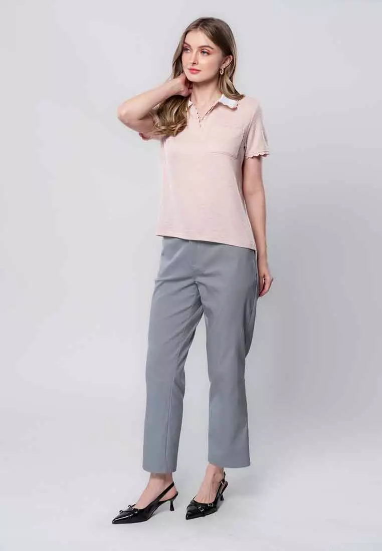 Ysabel Collared Knit Top with Scallop Trimming and Chest Pocket