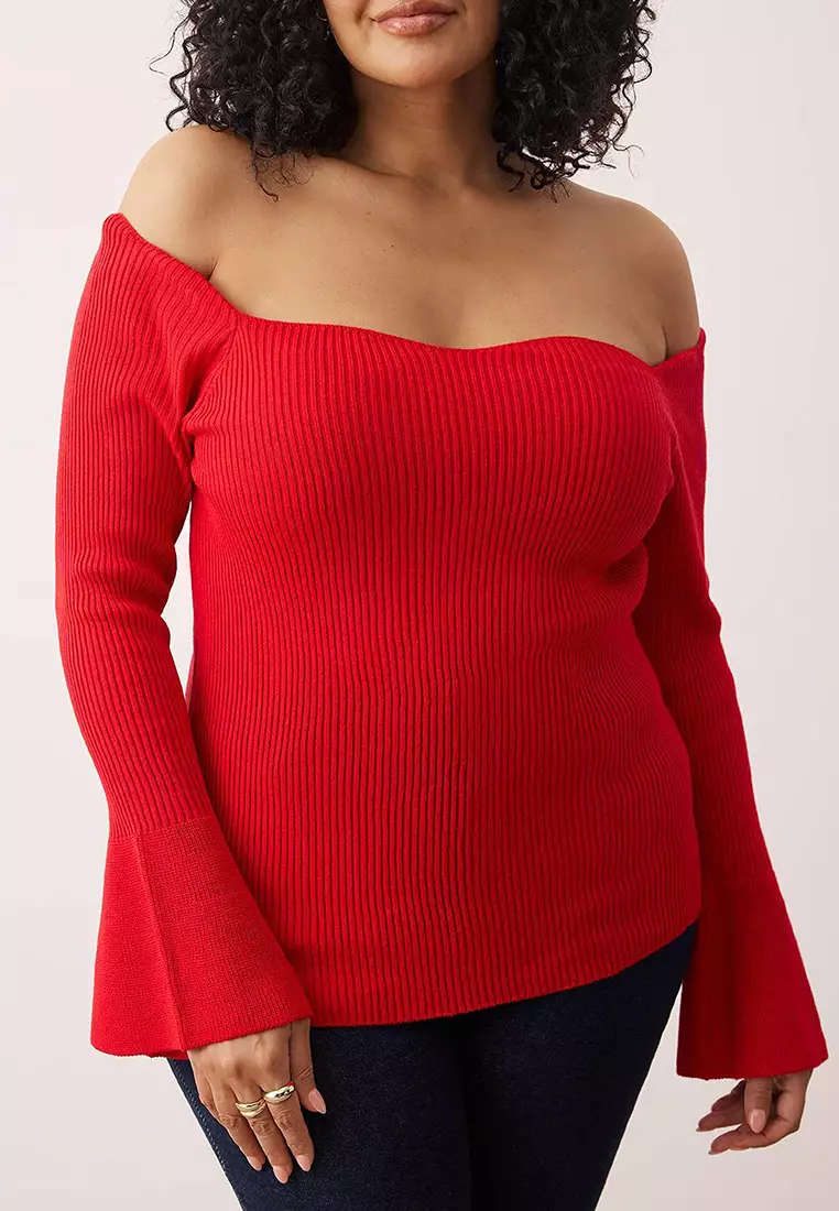 Red Ribbed Carmen Collar Knitwear Sweater Tbbaw26An00031
