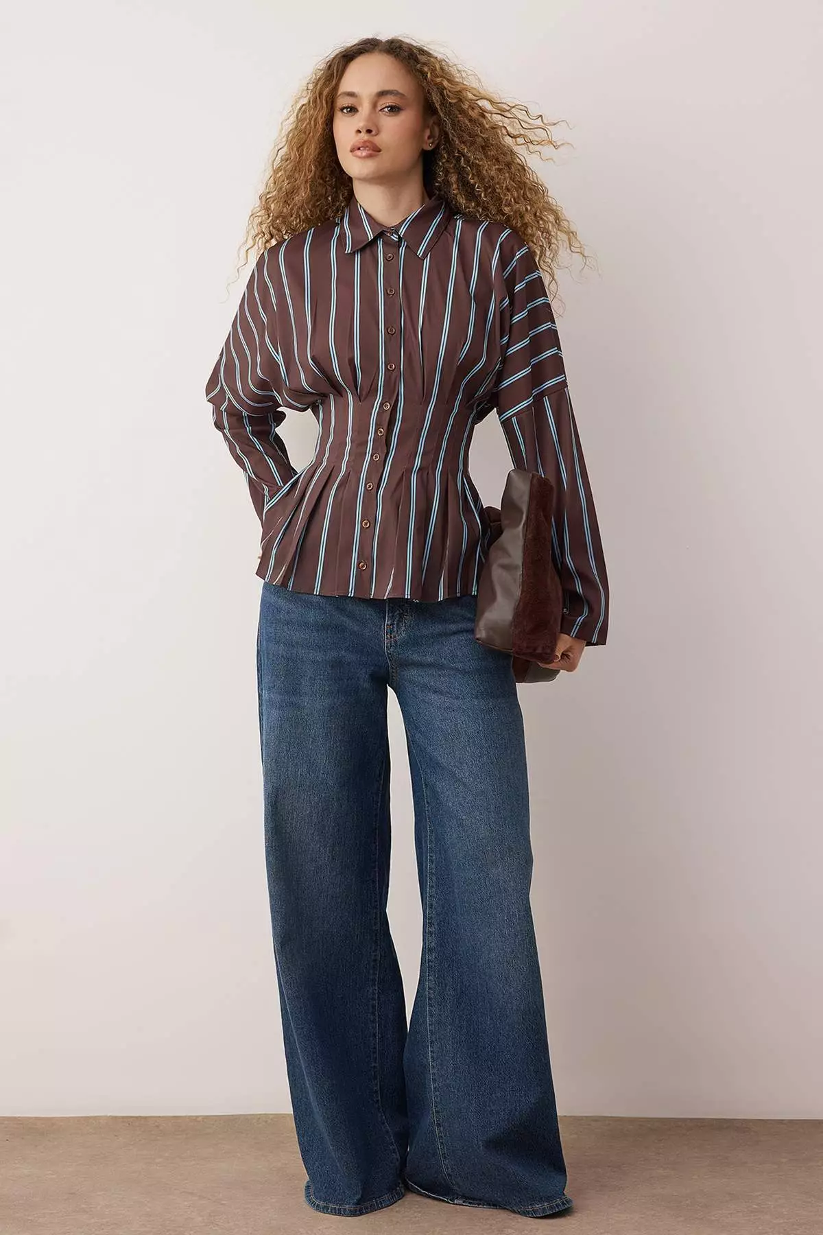 Brown-Multicolored Striped Lycra Fitted Waist Shirt Twoaw26Go113