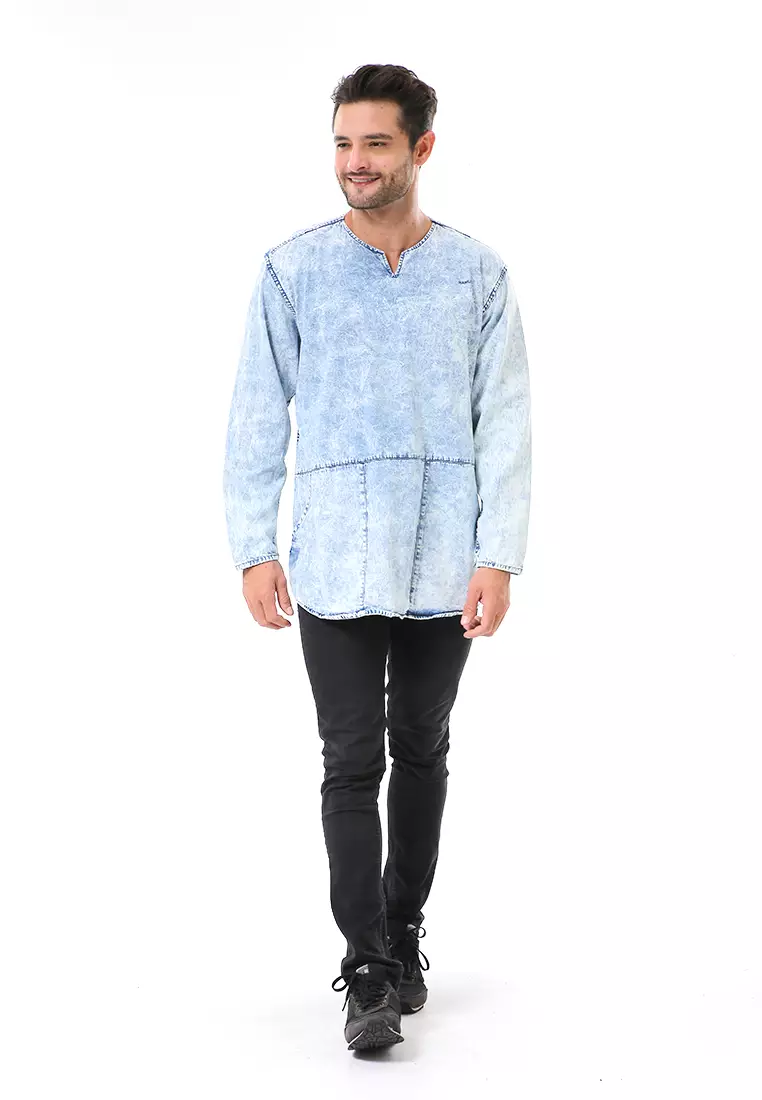 Leopold Kemeja Koko Jeans Pria Lengan Panjang Long Shirt Material Denim ORIGINAL - Blue