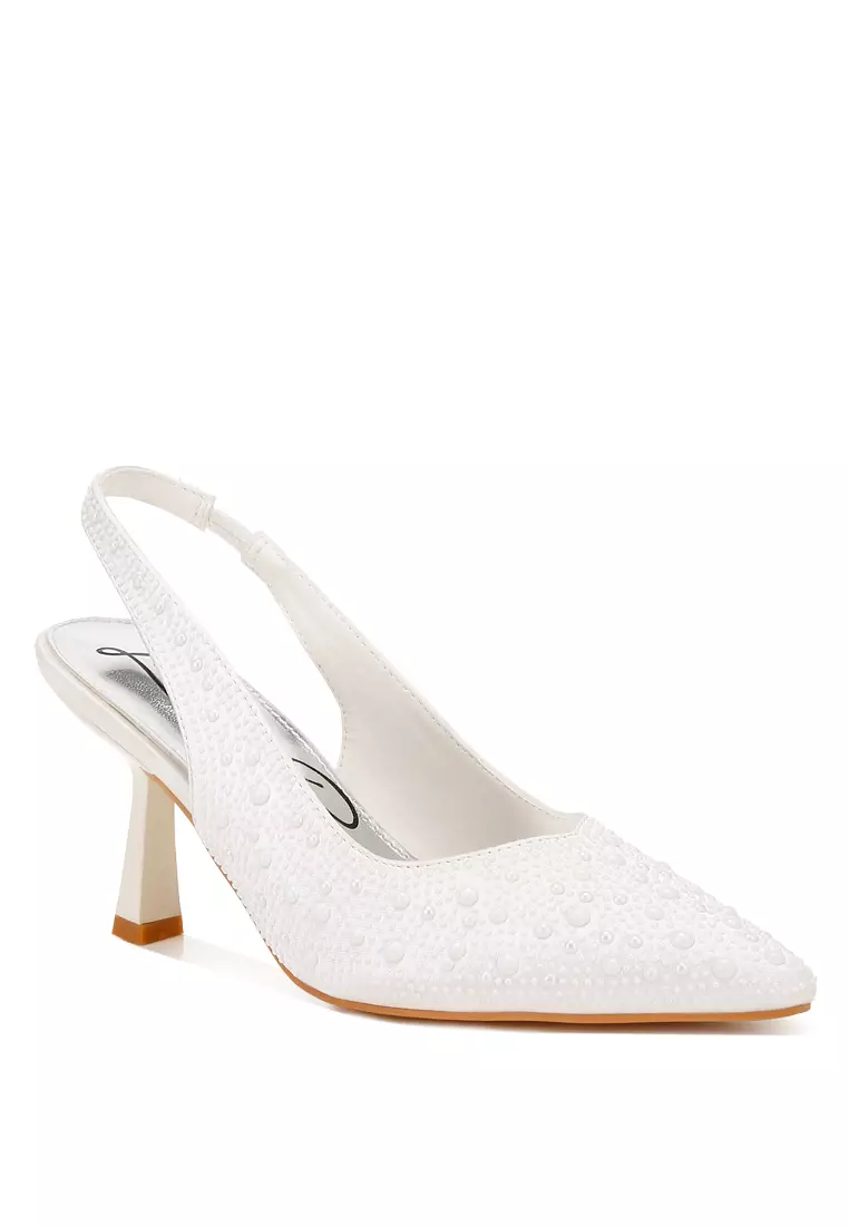 Sandal Slingback Mutiara Satin Mewah dalam Warna Putih
