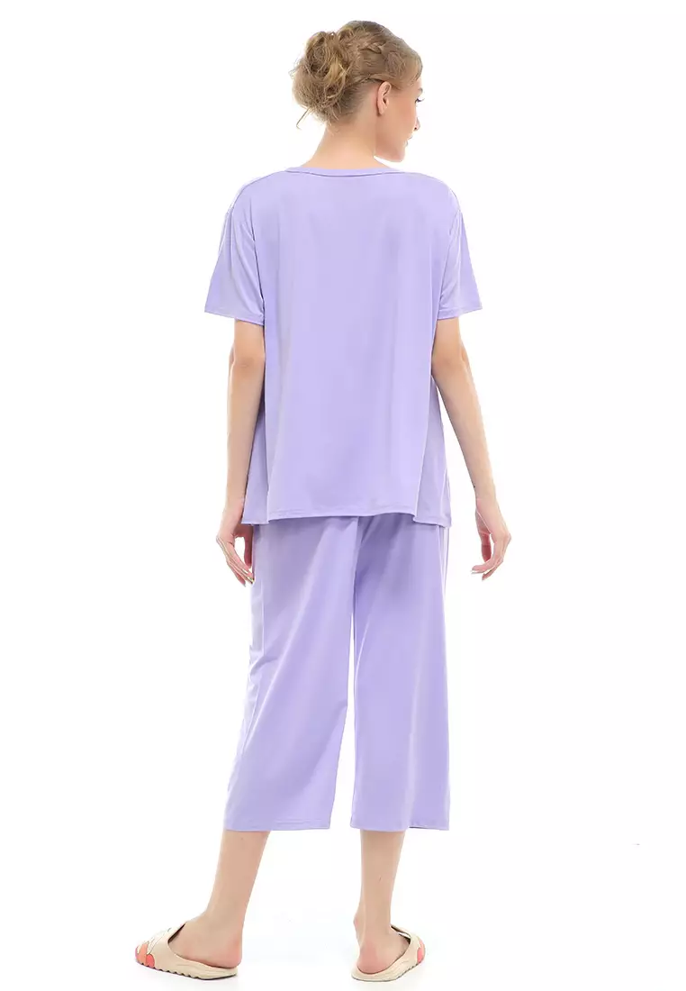 Vance Setelan Piyama Baju Tidur Wanita Celana Pendek 7/8 Material Spandex ORIGINAL - Lilac