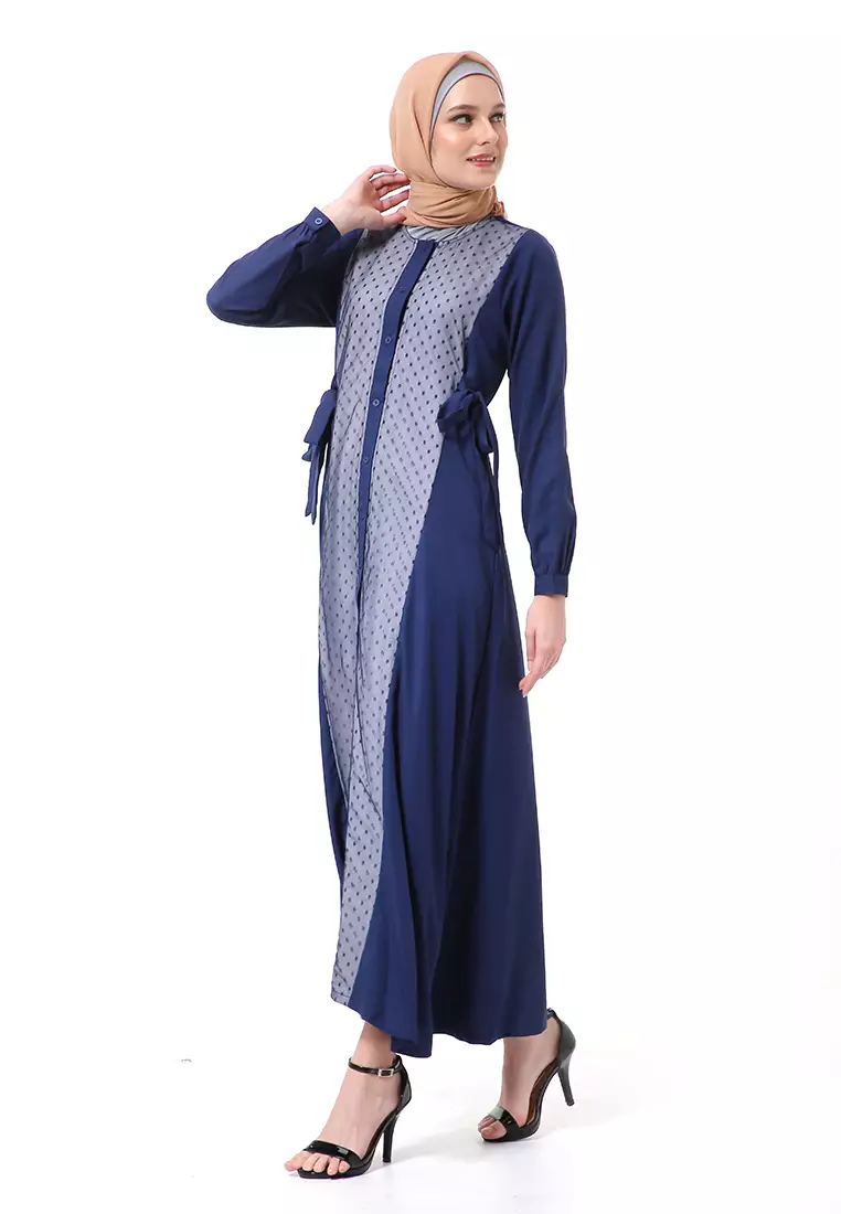 Dilla Long Dress Muslimah Lengan Panjang Relaxed Fit High Quality Premium - Navy Mix Grey