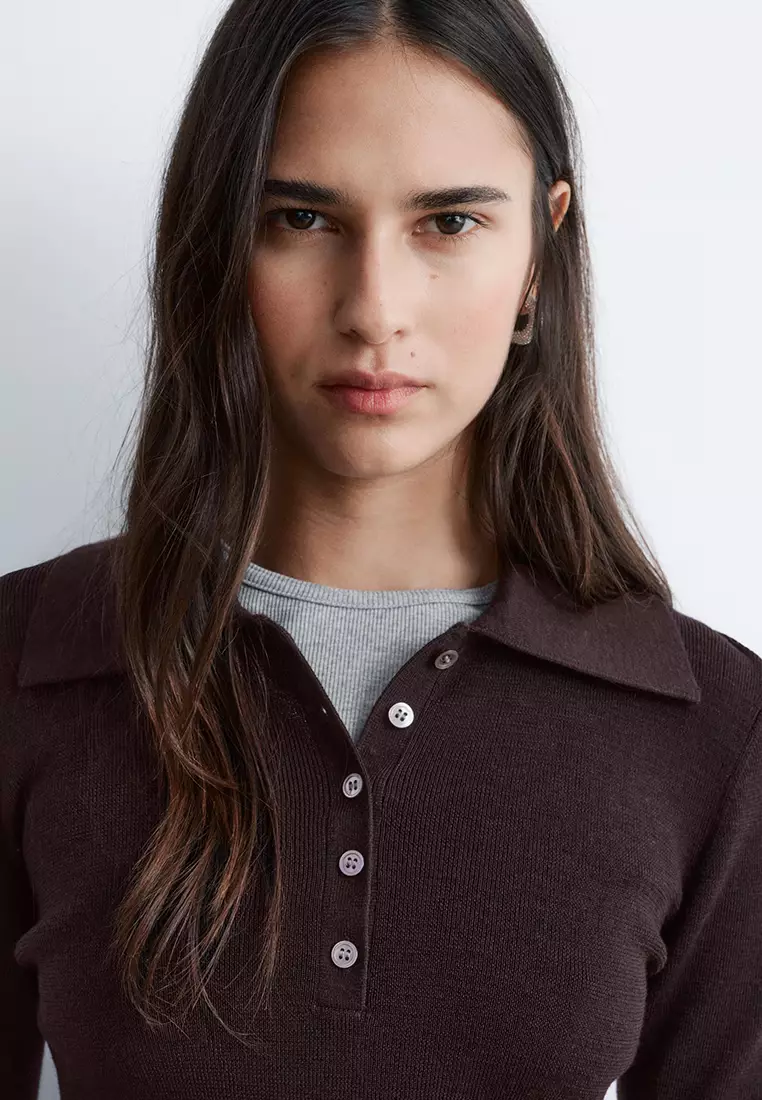 Rib-Knit Merino Wool Polo Top