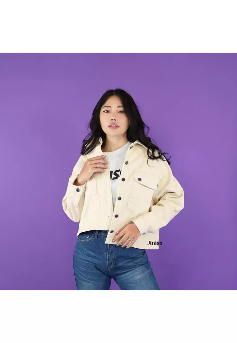 Jaket Crop Jeans Oversize Pocket Khaki