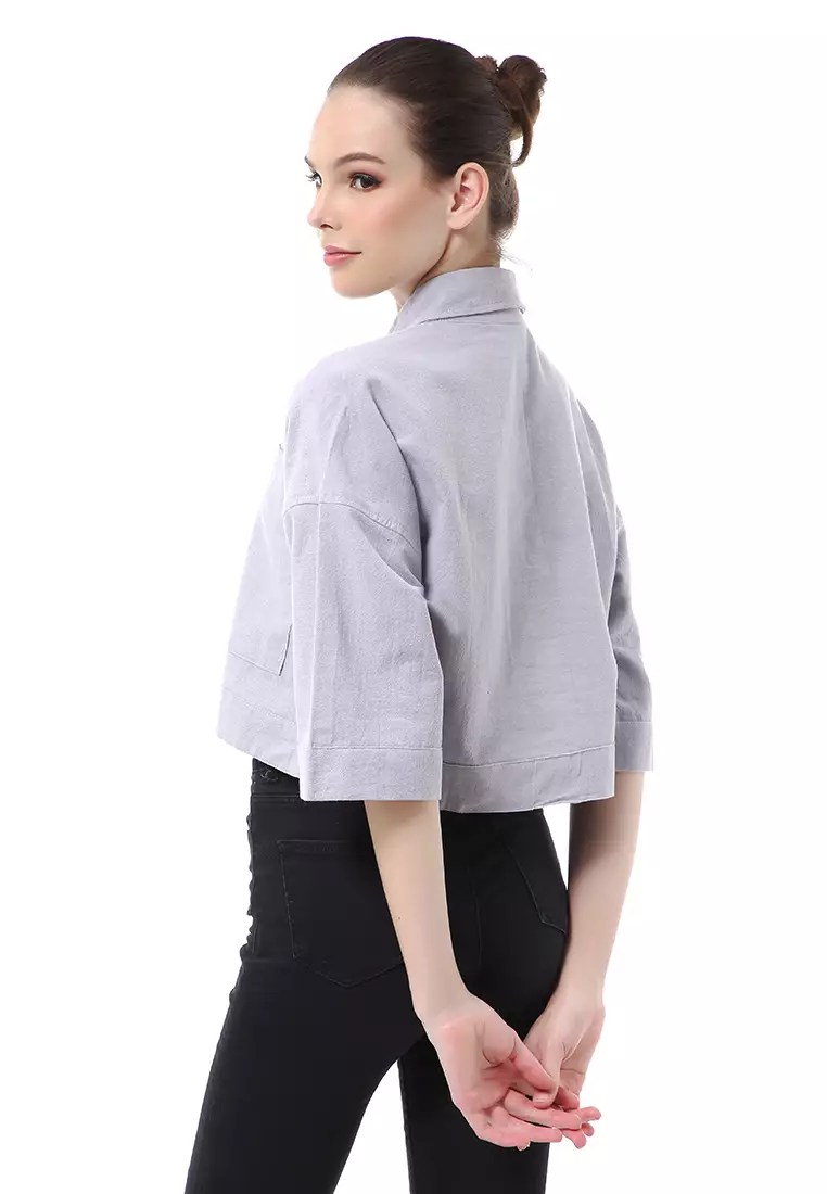 Brielle Atasan Wanita Kemeja Crop Oversize Shirt Lengan Panjang Material Linen ORIGINAL - Lilac