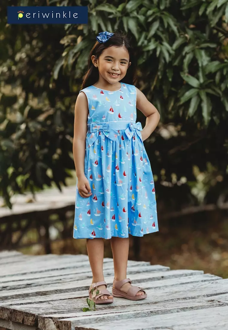 Gretche Girls Sky Blue Boat Print Dress with Bow Details at Front