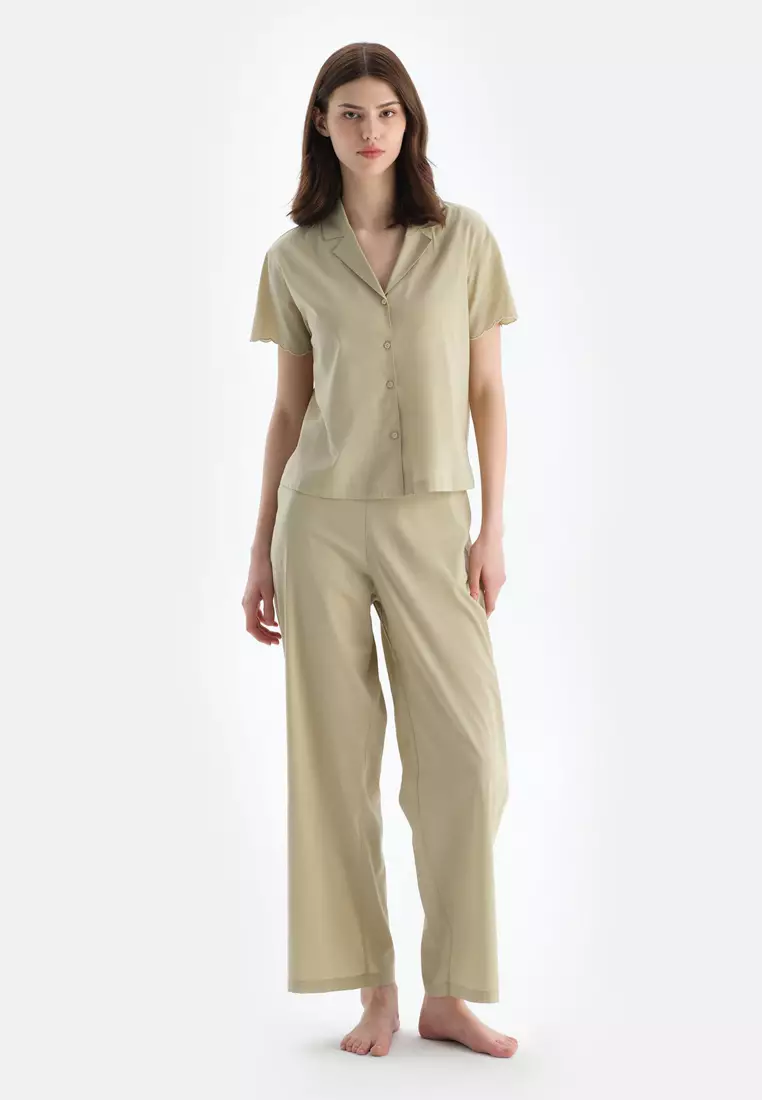 Light Green Woven Bottom Trousers, Regular, Long Leg, Sleepwear for Women