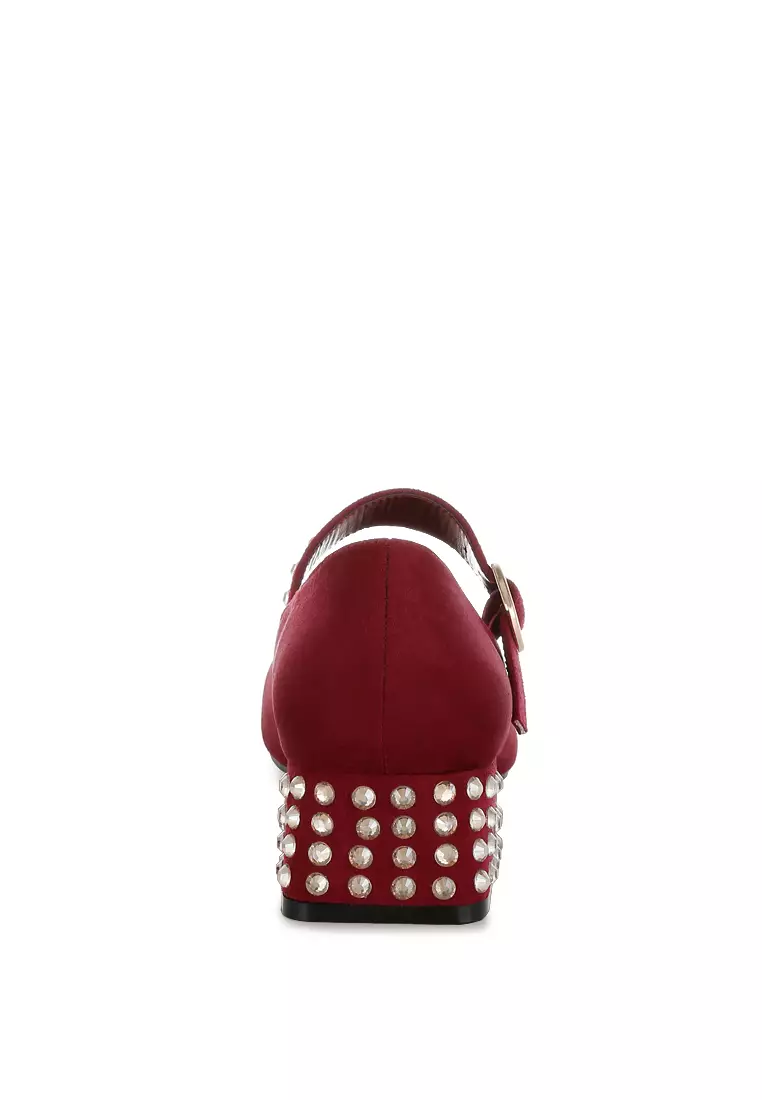 Studded Mary Jane Pumps In Burgundy