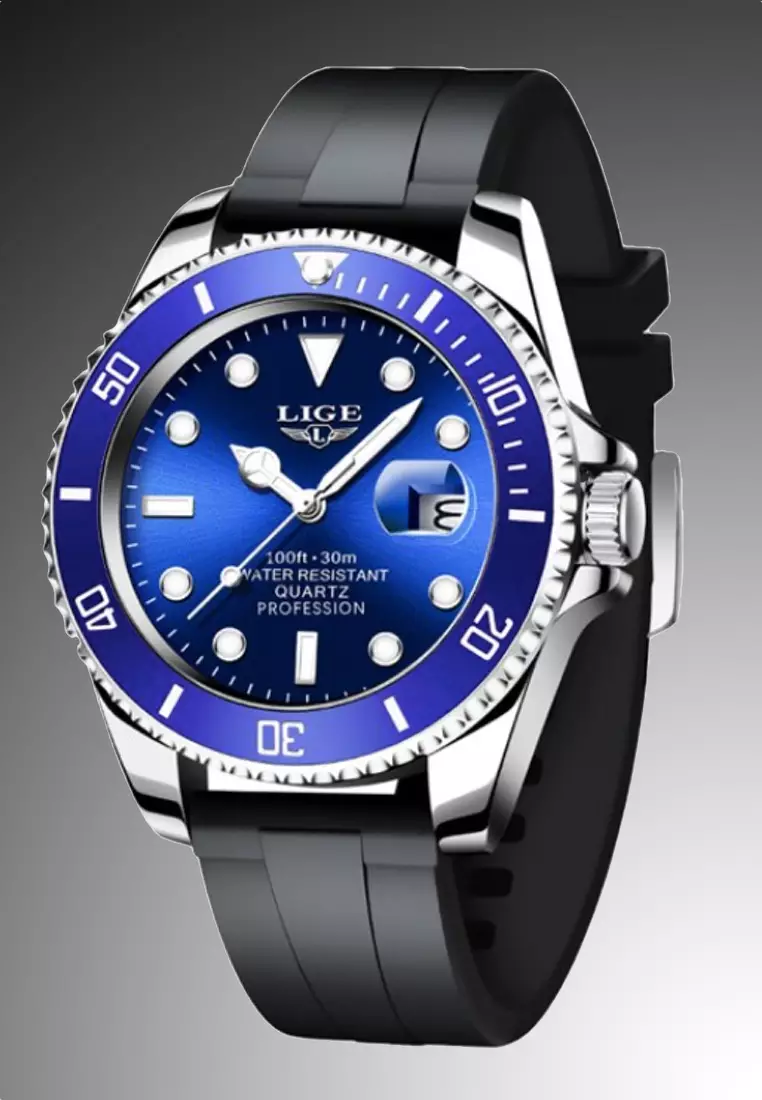 Unisex Classic Diver's Stainless Steel Quartz Watch with turning Bezel on Black Rubber Strap