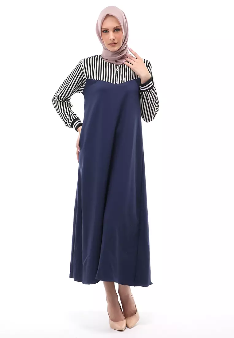 Fathanah Gamis Panjang Muslimah Long Dress Wanita Regular Fit - Navy