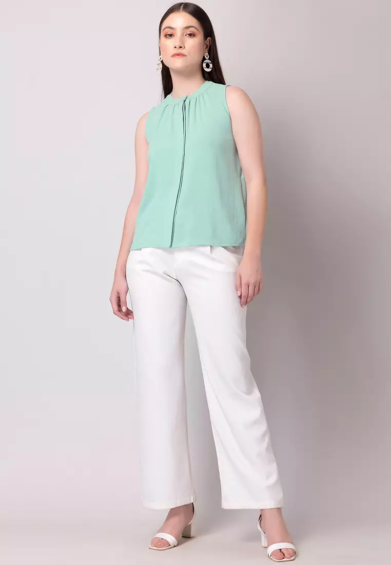 Green Gathered Sleeveless Blouse
