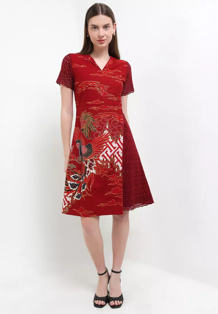 Dress Batik Wanita Furing Kombinasi Lace Brukat Jonasa Red