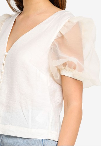 Jual Topshop Ivory Organza Sleeve Button Through Blouse Original Zalora Indonesia