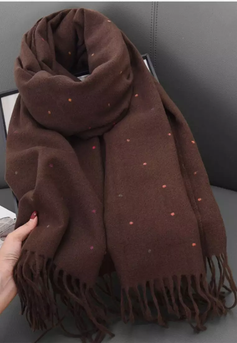 Aksesoris Wanita Polka Dots Cashmere Pashmina Syal Wanita Tebal Kasmir Chocolate