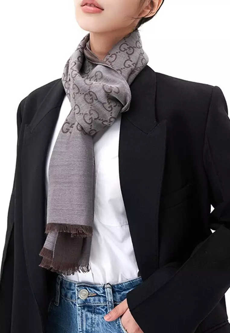 GG Logo Wool Silk Scarf in Dark Grey 165904 3G646