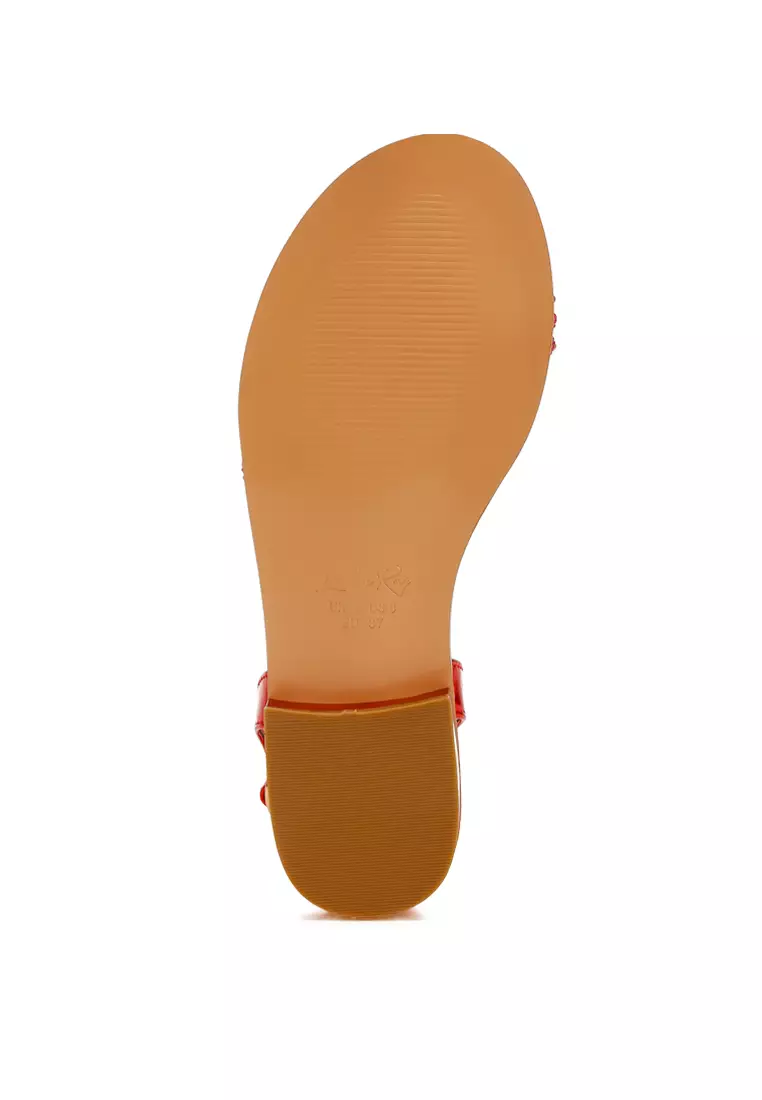 Rhinestone Pearl Detail Flat Sandals in Red