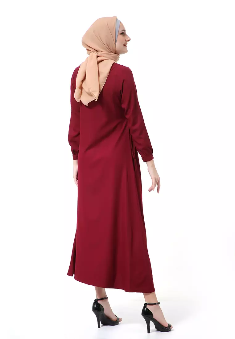 Dilla Long Dress Muslimah Lengan Panjang Relaxed Fit High Quality Premium - Maroon Mix Taupe