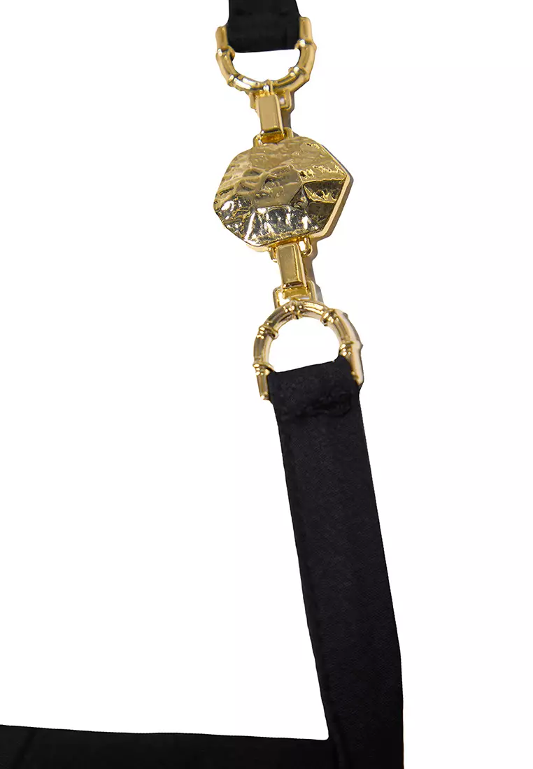 Black Accessory Detailed Woven Elegant Evening Dress Graduation Dress