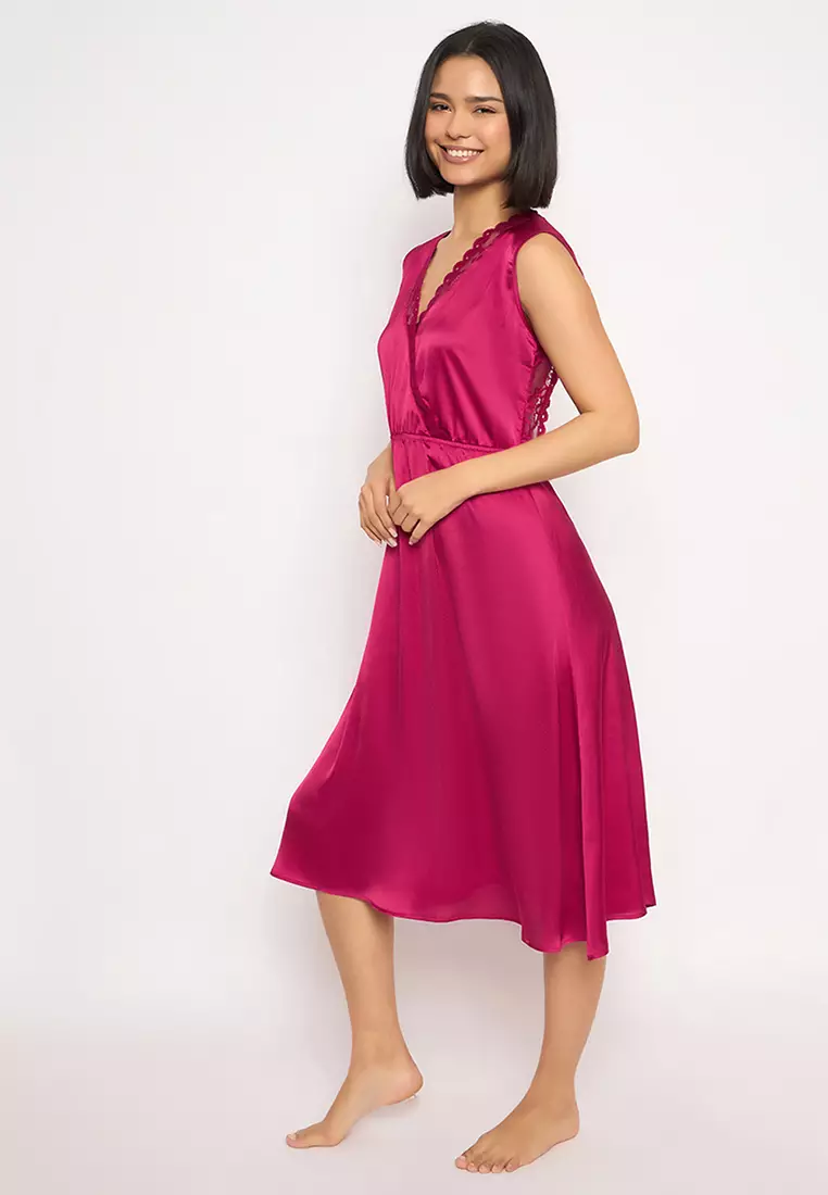 Clovia Backless Night Dress in Magenta - Satin