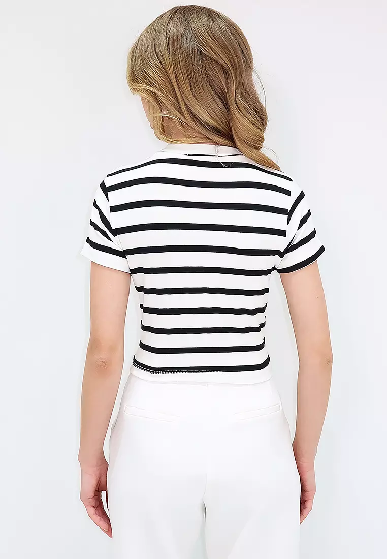 Crew Neck Short Sleeve Striped Crop Top