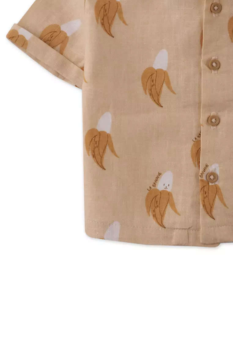 Baby Ekko Linen Blend Panama Shirt With All-Over Cartoon Banana Print