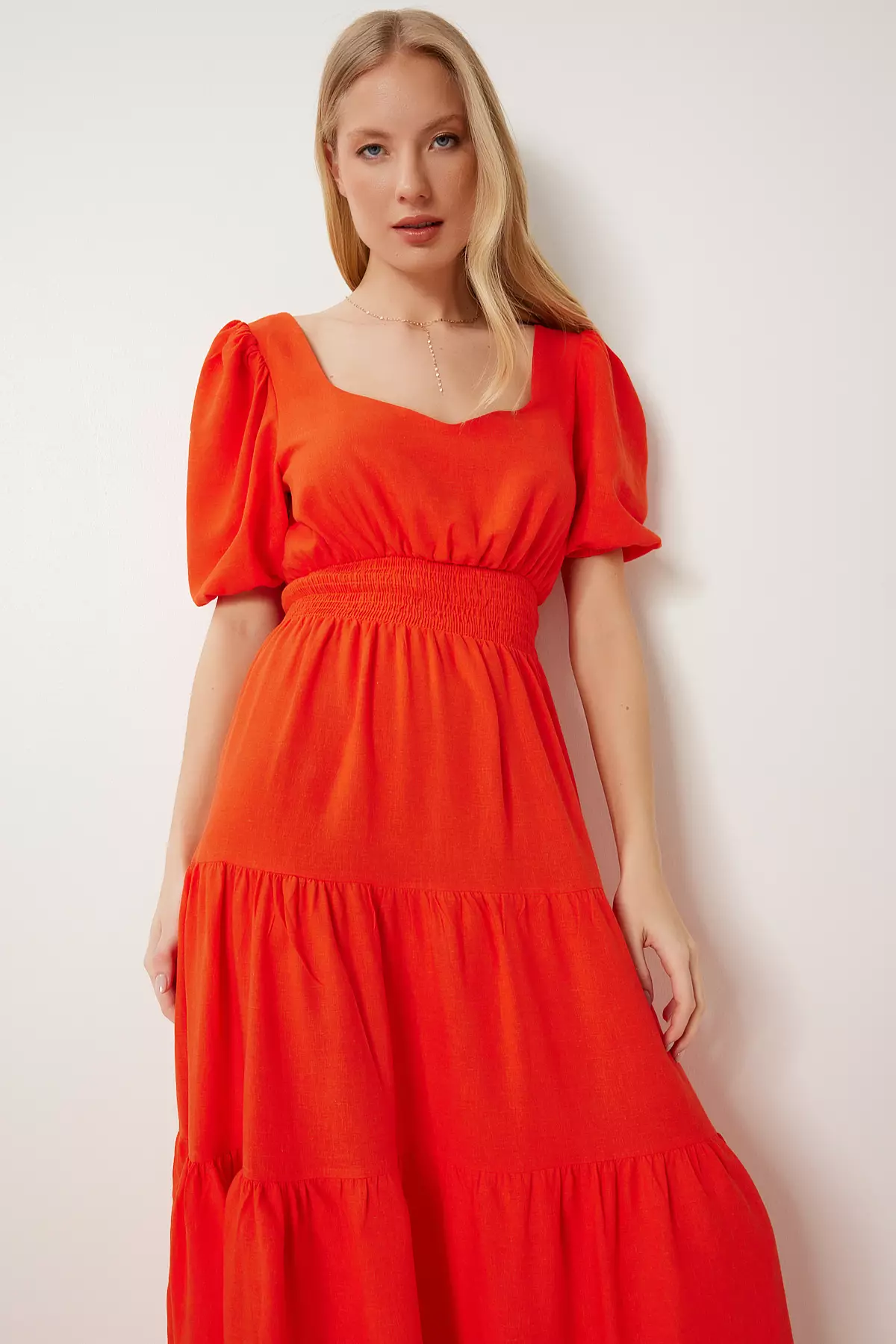 Women's Dark Orange Flounced Midi Linen Dress Fk00013