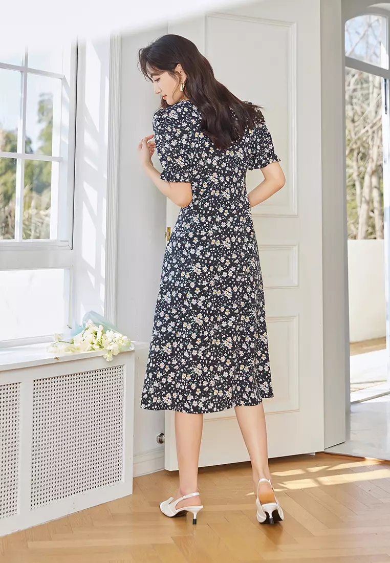 Puff Sleeve V-Neck A-Line Floral Dress