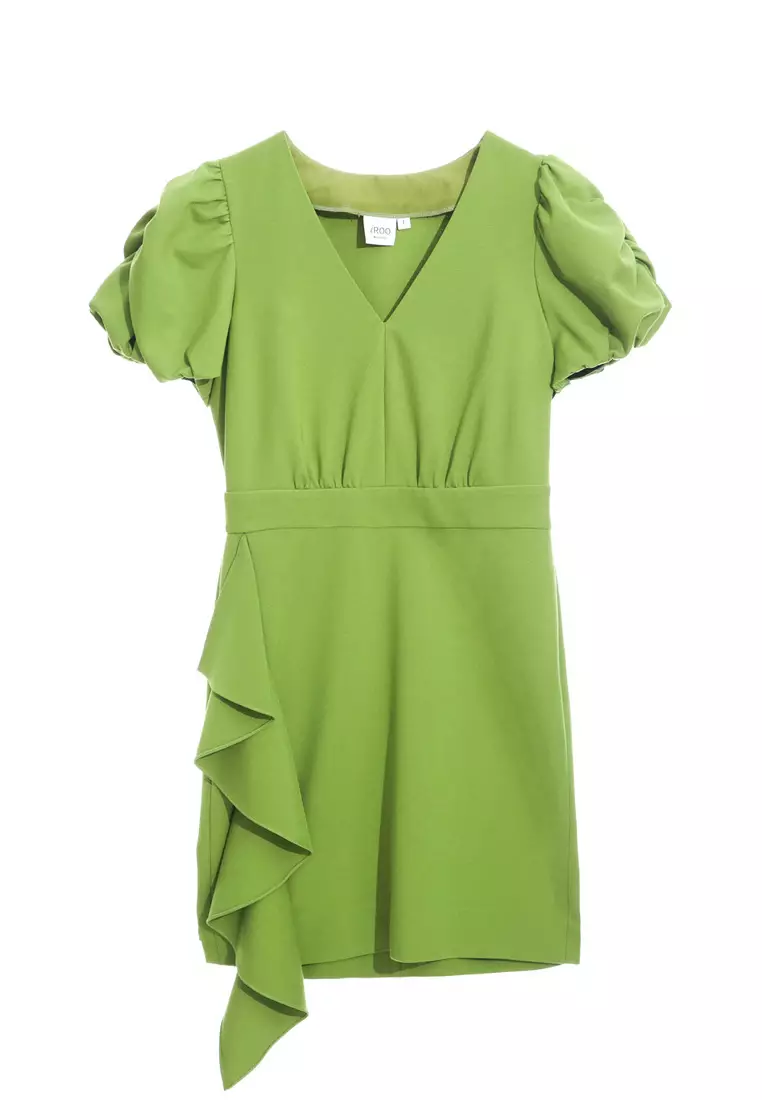 V-Neck Fitted Short Dress With Ruffle Detail