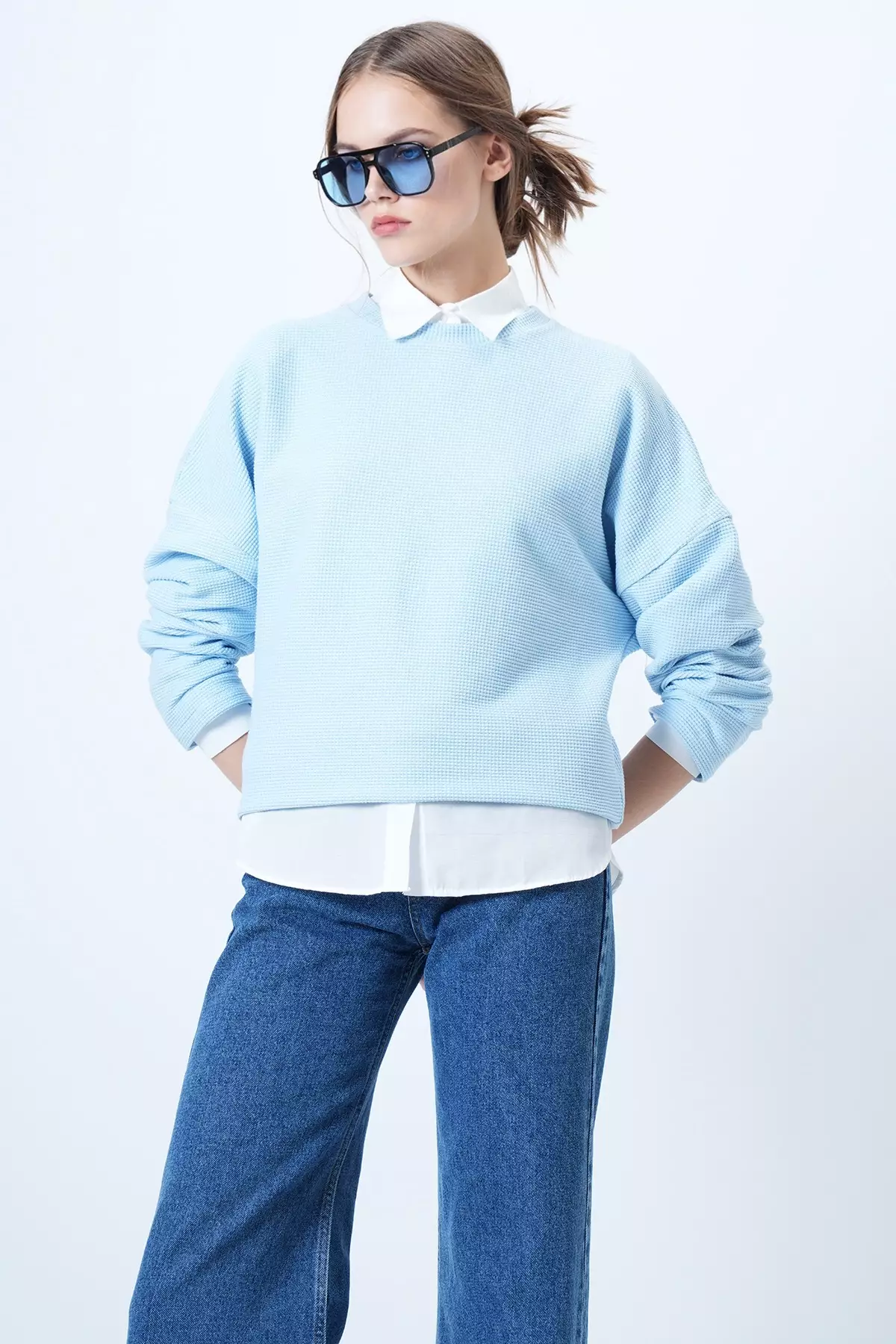 Blue Crew Neck Bat Sleeve Wide Cut Basic Blouse Alc-X14391