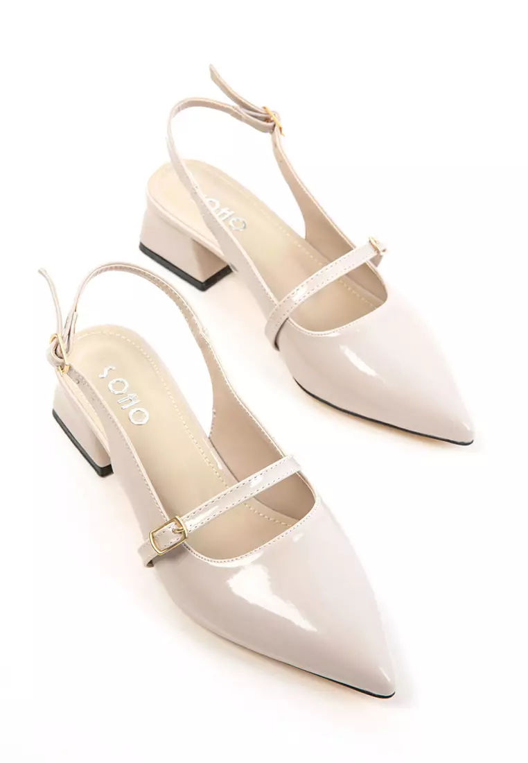 Beige Patent Leather Women's Classic Heeled Shoes 20656