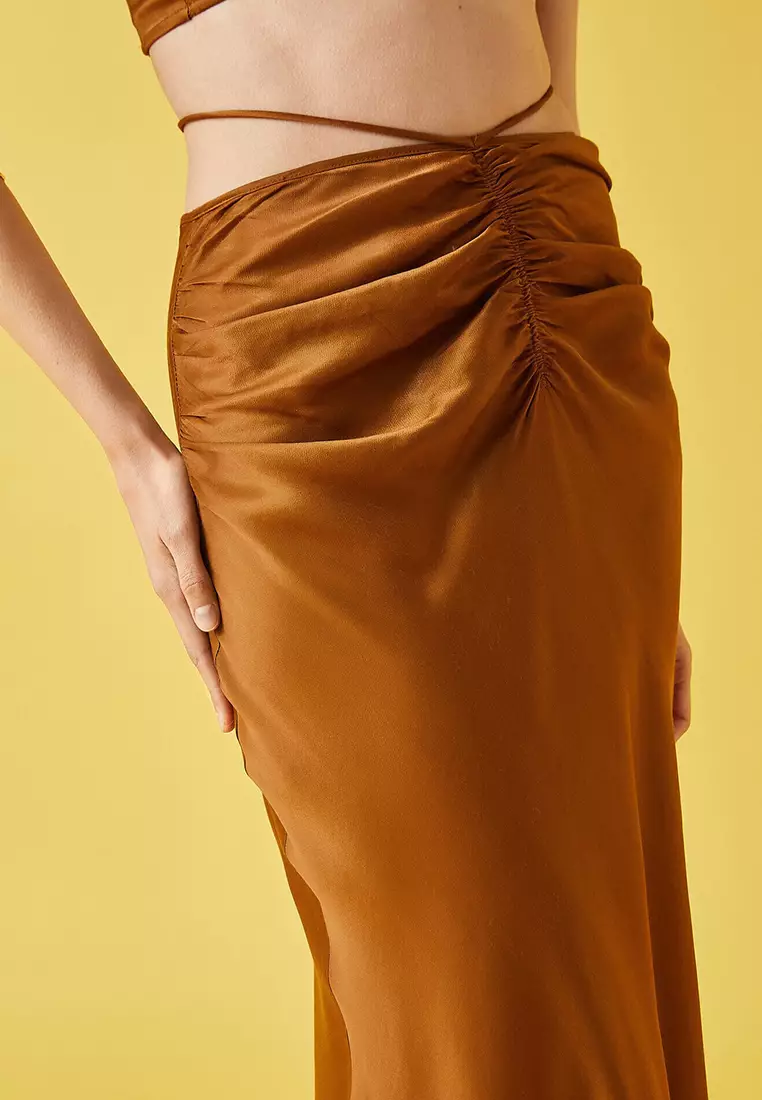Ruched Midi Satin Skirt
