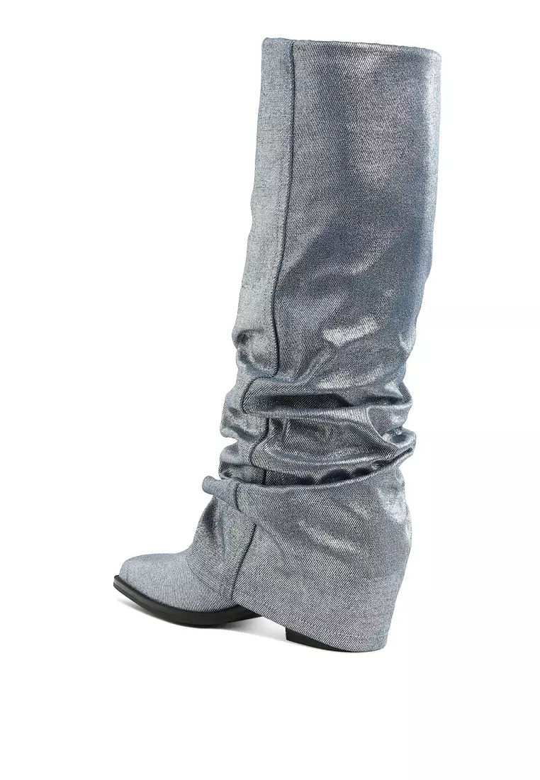 Fold-Over Slouchy Denim Boot in Blue