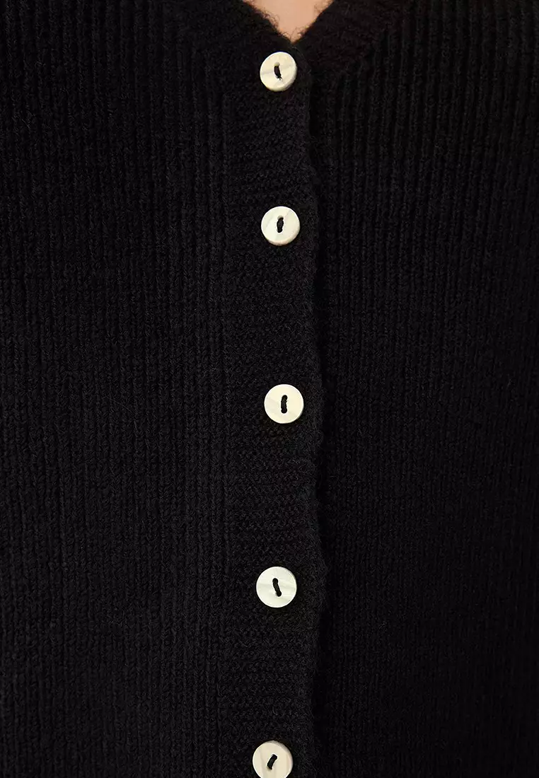 Black Soft Textured Sleeve Embroidery Detail Wide Fit Knitwear Cardigan