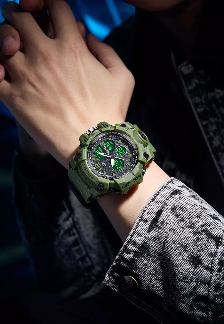 Jam Tangan Pria Digital D008 Multifungsi Alarm Olahraga Bercahaya Analog Jam Tangan Cowok Green