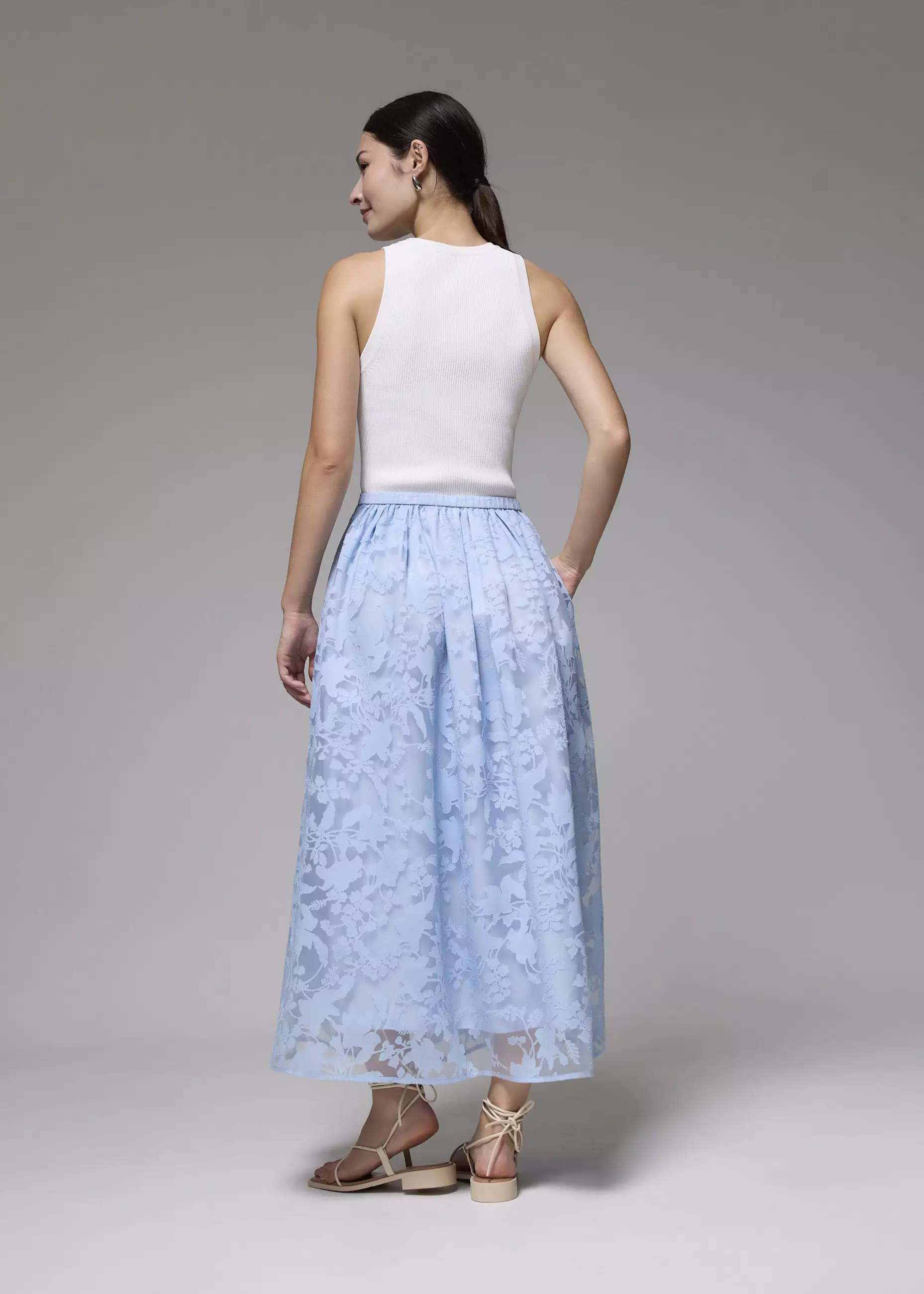 Rok Wanita - Elastic Jacquard High Waist Flare Maxi Skirt