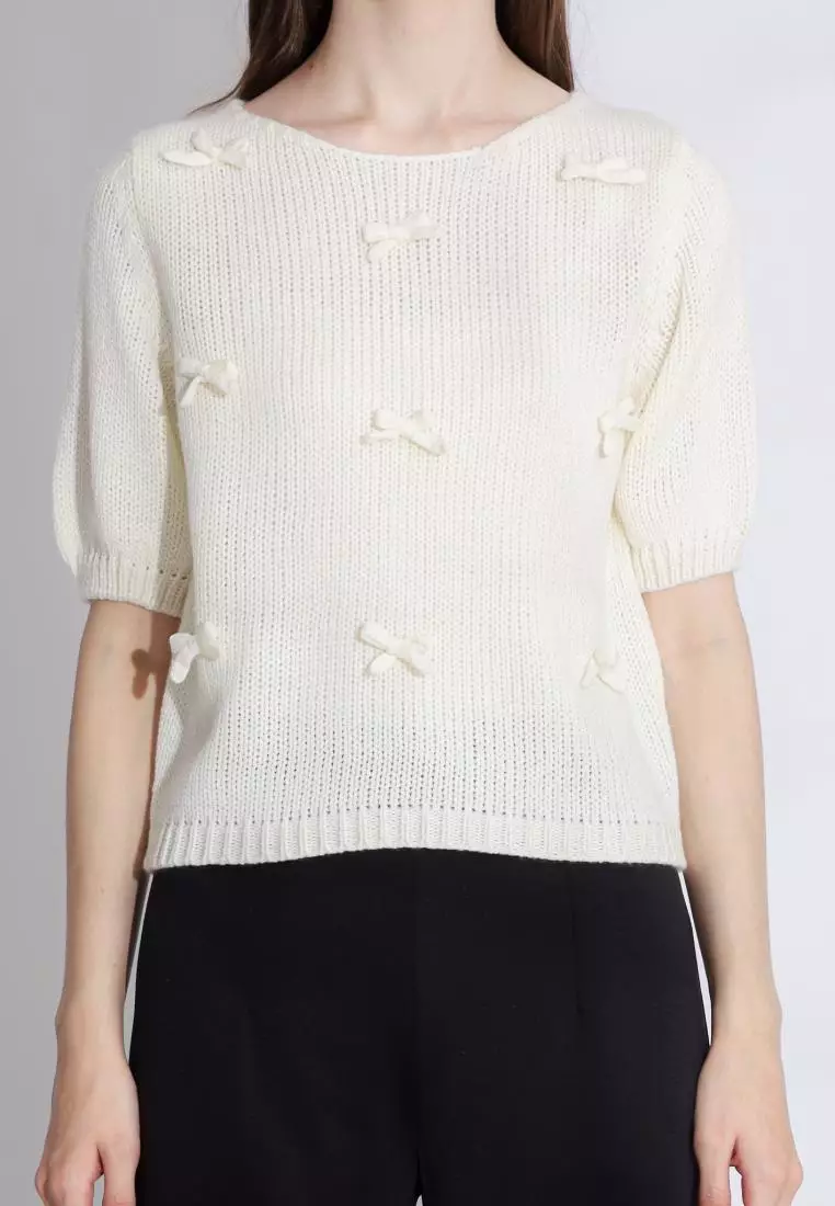 Nalla Knit Blouse Ribbon in White