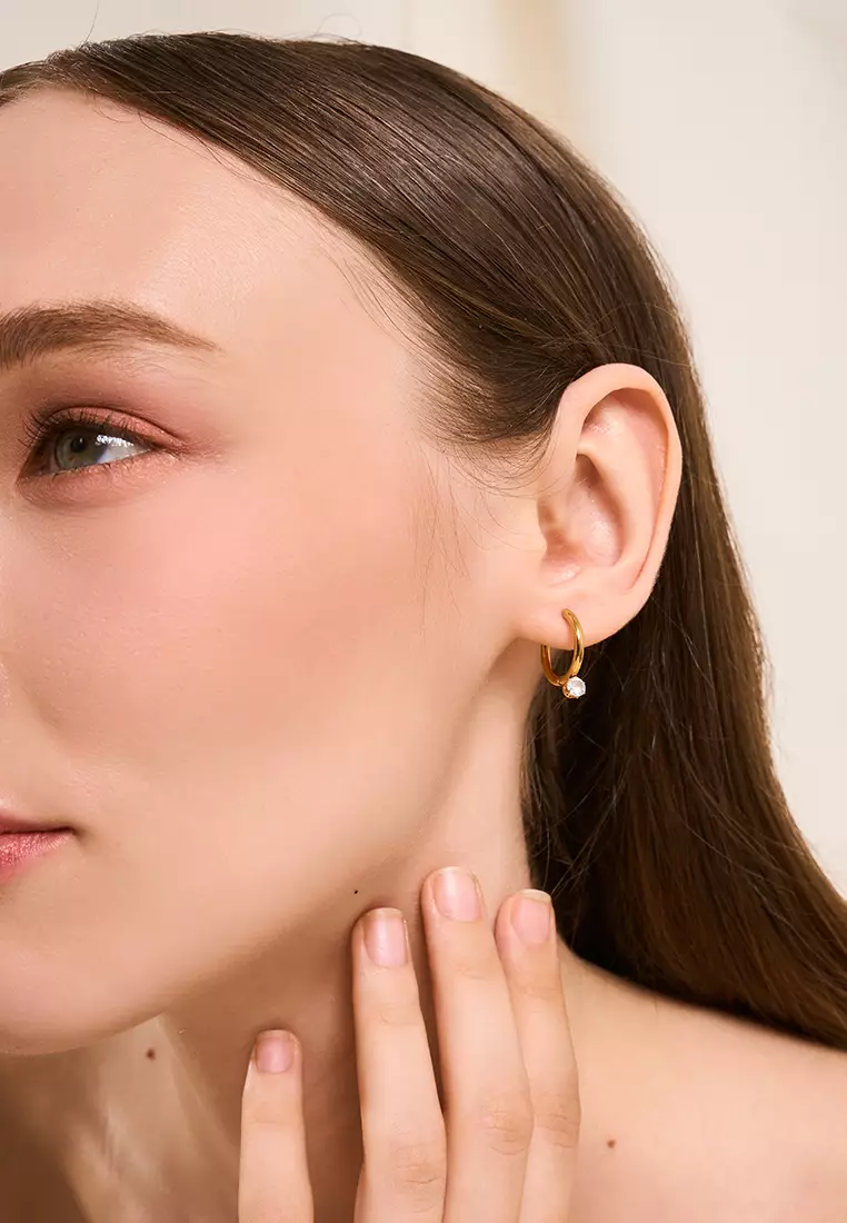 Lune Solitaire Drop Hoop Earrings in Gold