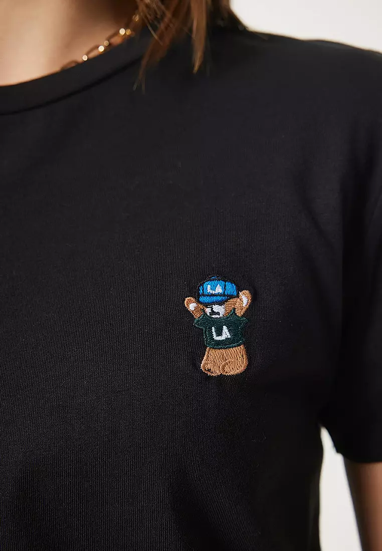 Teddy Bear Embroidered Cotton Knit T-Shirt
