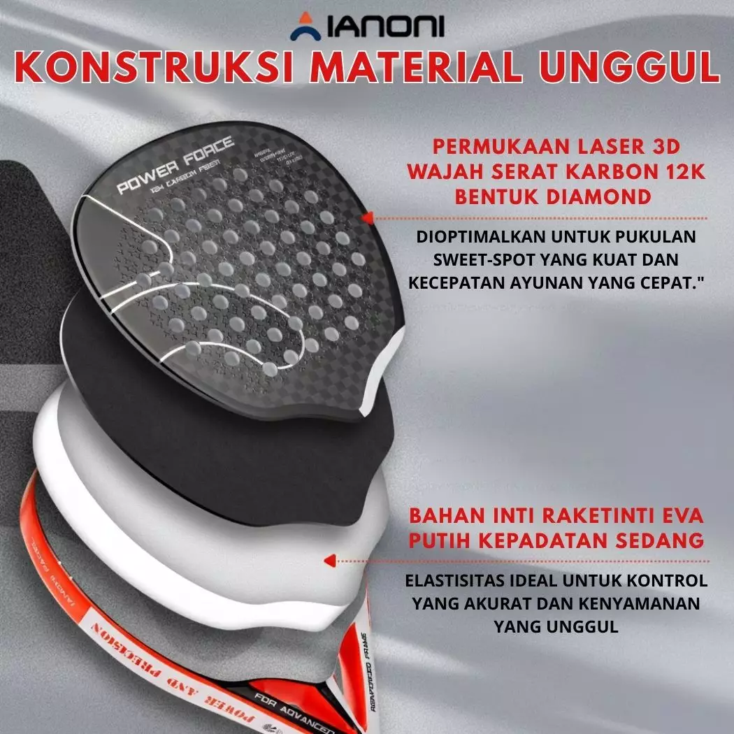 Raket Padel Ianoni Power Force Red Original Carbon 12K EVA Core Ringan Permukaan Bertekstur GRATIS tas