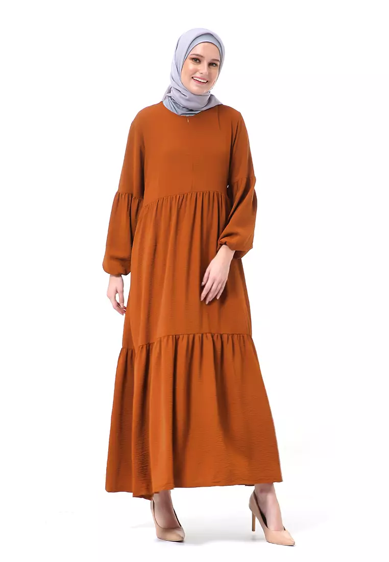 Tika Dress Wanita Gamis Muslimah Rubber Hands High Quality Premium - Cinnamon