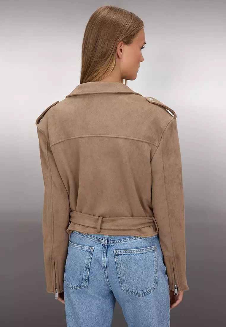 Mink Regular Fit Suede Biker Slim Jacket Coat