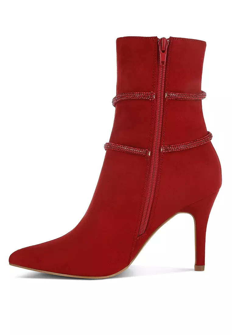 Rhinestone Wrap-Around Stiletto Boots in Red