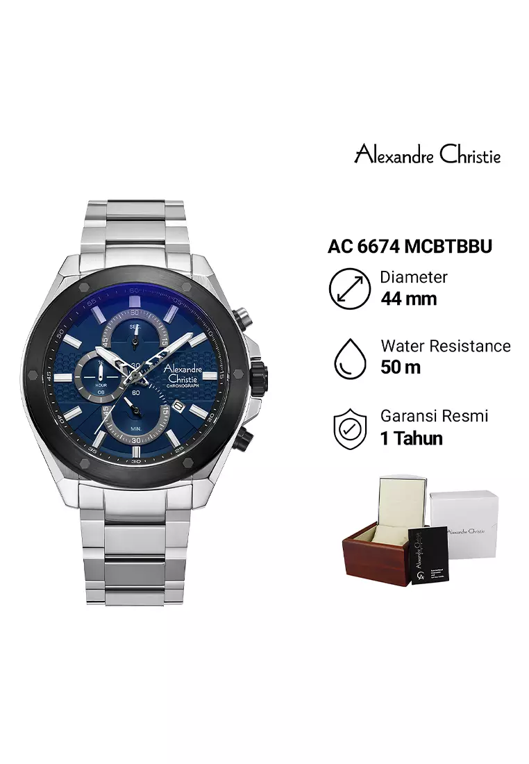 Alexandre Christie 6674 MCBTBBU - Jam Tangan Analog Pria - Silver Blue - Stainless Steel