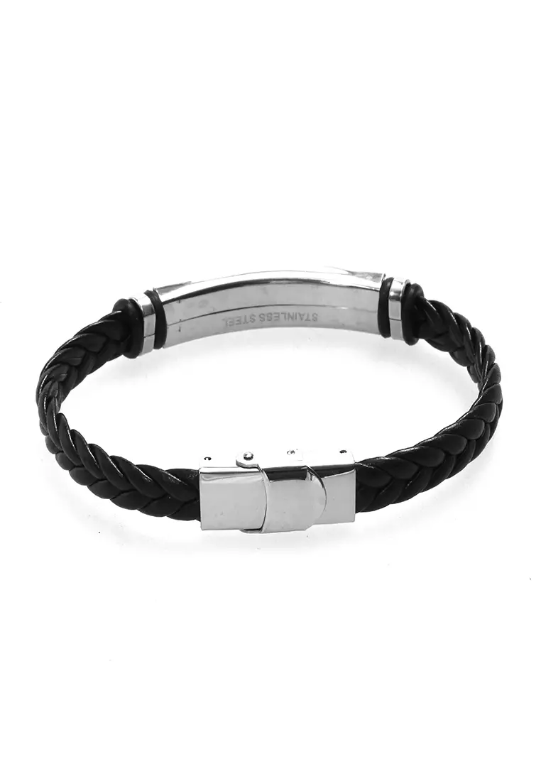 Aleda Gelang Kasual Pria Aksesoris Fashion Adjustable Strap Elegant Design Material Leather Stainless Steel ORIGINAL - Silver Black