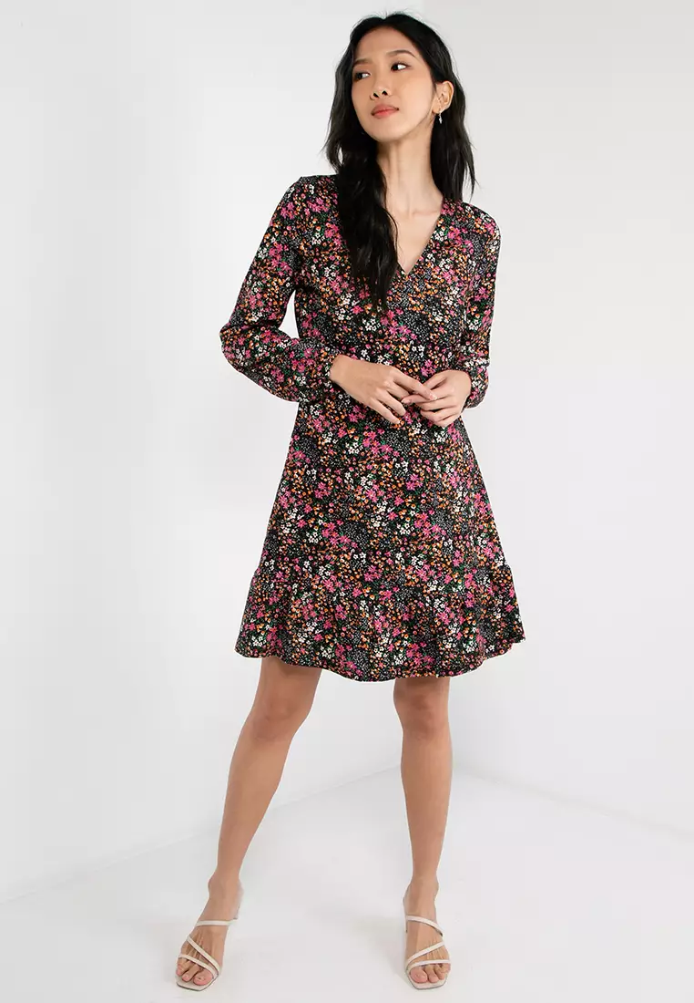 black floral wrap dress